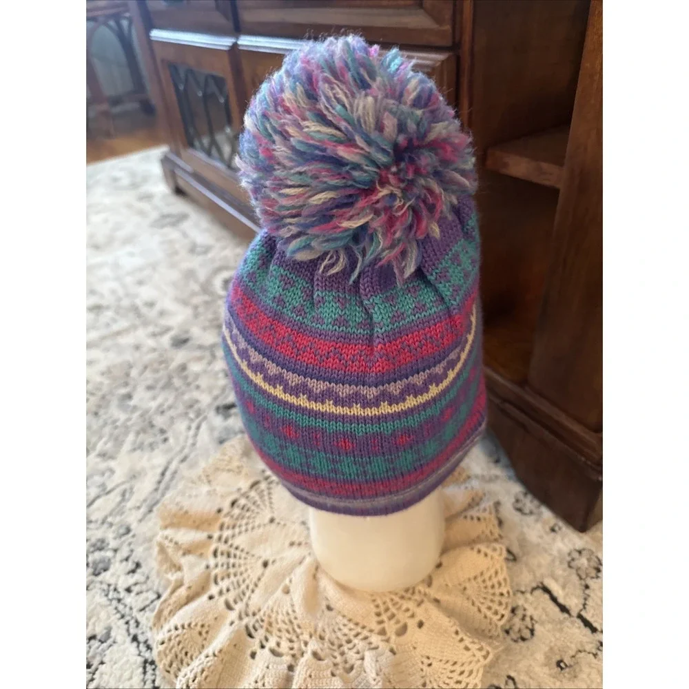 VTG Meister Winter Hat 100% Wool Pom Pom Beanie Lavender Cream Blue Yellow Pink